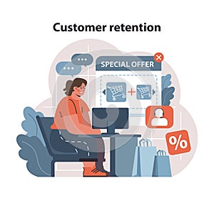 Customer retention concept. Woman at desk exploring online deals.