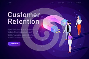 Customer retention conceptual illustration, webpage landing template. Big magnet attracts customers, buyers. Responsive