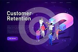 Customer retention isometric illsutration, webpage landing template. Big magnet attracts customers, buyers. Responsive