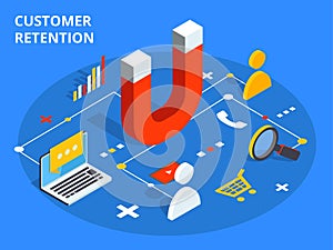 Customer retention or loyalty isometric vector concept illustration. Client care or satisfaction metaphor. Magnet attract