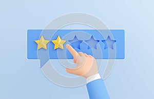 Customer review 3d render - human hand marking 2 star on speech buble. Negative client experience concept.