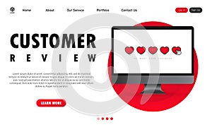 Customer review on computer banner. Giving five star feedback. Clients choosing satisfaction rating and leaving positive review.