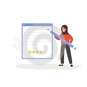 Customer review concept. Arabian woman holding huge pen and leaving comment with four stars rating. Girl standing near