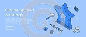 Customer review concept. Feedback, reputation and quality concept. Five star feedback in isometric style. Online reviews and