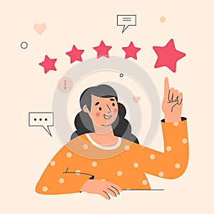 Customer review concept illustration, woman giving five stars feedback