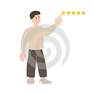 Customer review concept isolated on white background. Young man is pointing five-star rating
