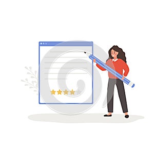 Customer review concept. Woman holding huge pen and leaving comment with four stars rating. Girl standing near big