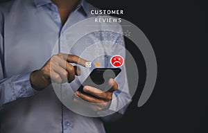 Customer Review Experience Dissatisfied Selection of 1-star rating reviews with sad faces on smartphone screens. negative feedback