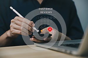 Customer Review Experience Dissatisfied Selection of 1-star rating reviews on smartphone screens. negative feedback concept
