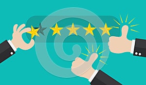 Customer review give a five star in bubble box. Positive feedback concept. Vector illustration.