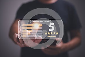 Customer review good rating concept, customer review by five star feedback, positive customer feedback testimonial