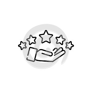 Customer review icon line. Feedback. Star in the hands. Status good quality. Vector on isolated white background. EPS 10