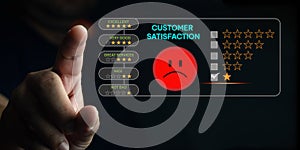 Customer review negative rating concept. Man choosing a 1-star rating review in the survey