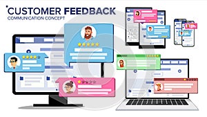 Customer Review Page On Computer Monitor, Laptop, Tablet, Mobile Phone Vector. Client Testimonials. Website Rating