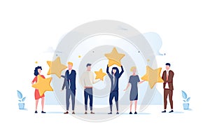 Customer review rating. Different People give review rating and feedback. Flat vector illustration photo