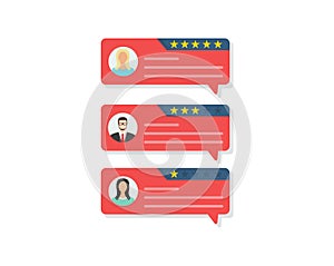 Customer review rating messages, online reviews or client testimonials, feedback, rating stars. Flat design, vector