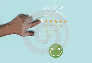 Customer review satisfaction concept, Hand choosing Five stars ratting with Positive emotion smiley face icon. photo