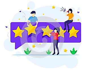 Customer reviews concept, People giving five stars rating and review, positive feedback. Customer Service and User Experience flat
