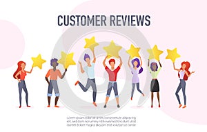 Customer reviews flat vector banner template. Happy users holding golden stars cartoon characters. Customers evaluating