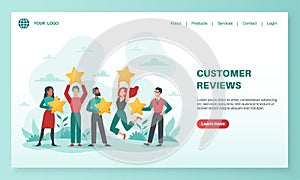 Customer reviews landing. Clients feedback rating, user evaluating product or service, people with stars design for