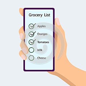 customer\'s hand holds a mobile phone with a grocery list