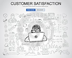 Customer Satisfaction concept with Business Doodle design style: online presence, sales and offers, best communication