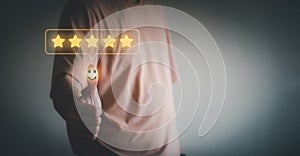 Customer satisfaction concept business image. Thumbs up. Positive emotion smiley face icon and five stars