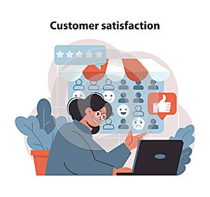 Customer satisfaction concept. Illustration of a user engaging with service feedback.