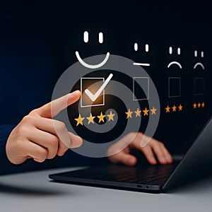 Customer satisfaction concept with positive feedback and online review interface illustrated