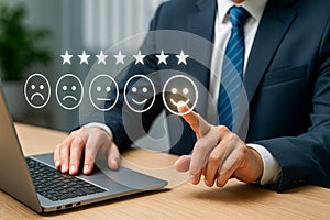 Customer satisfaction feedback concept with five star rating and happy face icon on digital interface