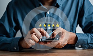 Customer satisfaction feedback review concept. user giving five star to best service. Customer service experience and business