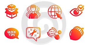 Customer satisfaction, Group and Spanner icons set. Internet, Check eye and Quickstart guide signs. Vector
