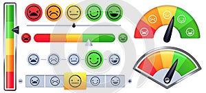 Customer satisfaction meter scale. Customer rate with green happy smile and sad red faces, emotion measurements scales