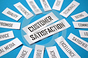 CUSTOMER SATISFACTION paper tag cloud on blue background