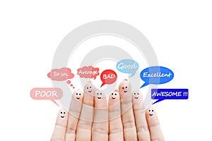 Customer satisfaction scale and testimonials concept with happy human fingers