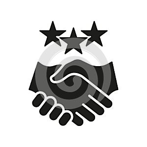 Customer Satisfaction Silhouette Icon. Handshake With Stars Glyph Pictogram. Appreciation And Partnership. Client Review