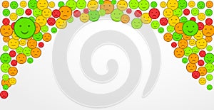 Customer satisfaction with smiles in form of various emotions. Review rating. Set of Emoji flat icons. Sad and happy mood emoticon