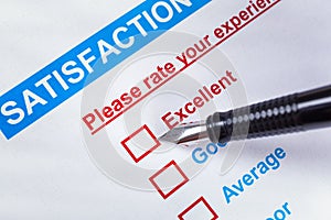 Customer satisfaction survey checkbox with rating and pen pointing at Excellent, can use any business concept background