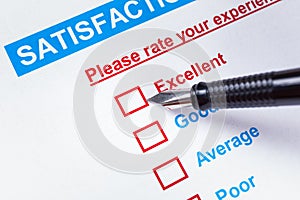 Customer satisfaction survey checkbox with rating and pen pointing at Excellent, can use any business concept background