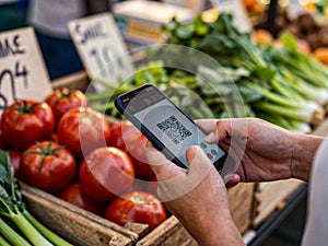 Customer Scanning QR Code on Smartphone at Fresh Produce Market for Digital Payment