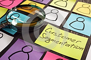 Customer Segmentation marketing concept. Magnifying glass and papers photo