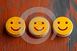 Customer sentiment Smiley faces on wooden buttons convey positive reviews