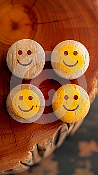 Customer sentiment Smiley faces on wooden buttons convey positive reviews