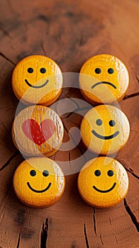 Customer sentiment Smiley faces on wooden buttons convey positive reviews