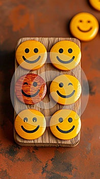 Customer sentiment Smiley faces on wooden buttons convey positive reviews