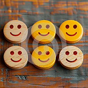 Customer sentiment Smiley faces on wooden buttons convey positive reviews