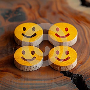 Customer sentiment Smiley faces on wooden buttons convey positive reviews