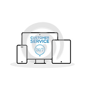 Customer service 24/7 illustration. Smartphone, desktop computer and tablet line icons. Concept of 24/7, open 24 hours, support,