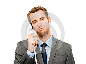 Customer service agent holding phone white background