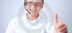 Customer service agent showing ok, isolated on white background